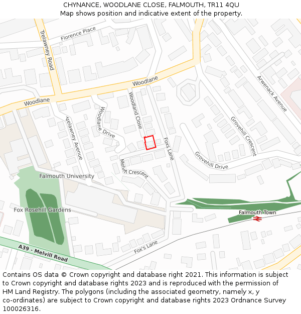 CHYNANCE, WOODLANE CLOSE, FALMOUTH, TR11 4QU: Location map and indicative extent of plot