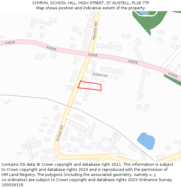 CHYRYN, SCHOOL HILL, HIGH STREET, ST AUSTELL, PL26 7TP: Location map and indicative extent of plot