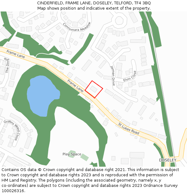 CINDERFIELD, FRAME LANE, DOSELEY, TELFORD, TF4 3BQ: Location map and indicative extent of plot