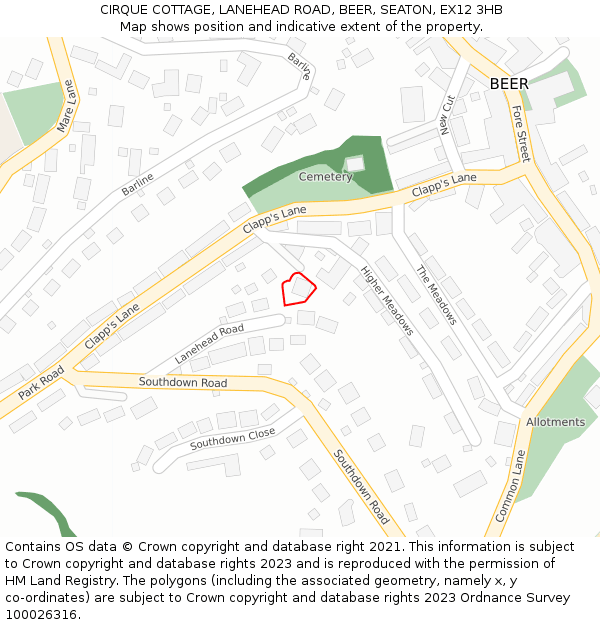 CIRQUE COTTAGE, LANEHEAD ROAD, BEER, SEATON, EX12 3HB: Location map and indicative extent of plot