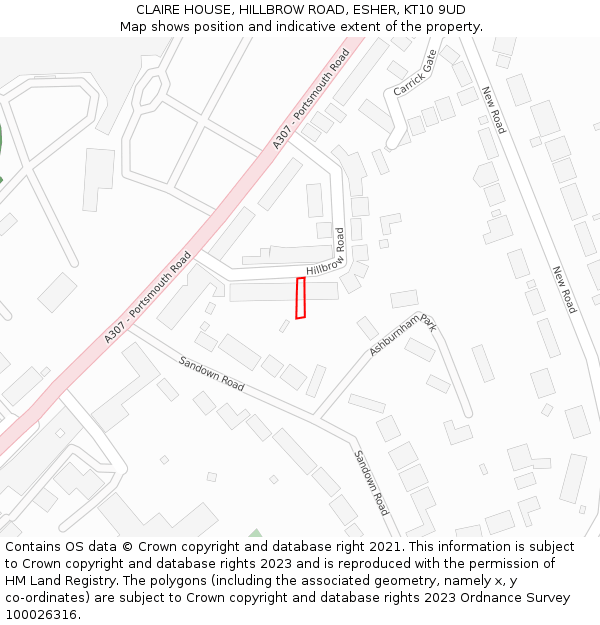 CLAIRE HOUSE, HILLBROW ROAD, ESHER, KT10 9UD: Location map and indicative extent of plot