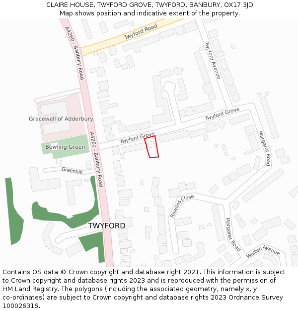 CLAIRE HOUSE, TWYFORD GROVE, TWYFORD, BANBURY, OX17 3JD: Location map and indicative extent of plot