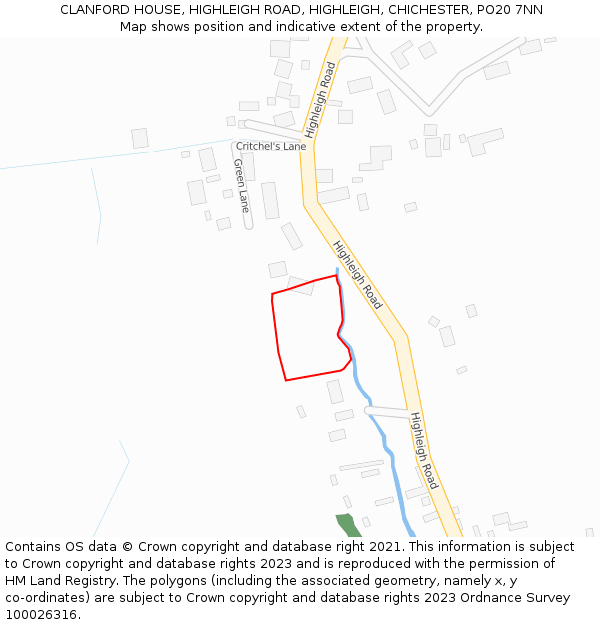 CLANFORD HOUSE, HIGHLEIGH ROAD, HIGHLEIGH, CHICHESTER, PO20 7NN: Location map and indicative extent of plot