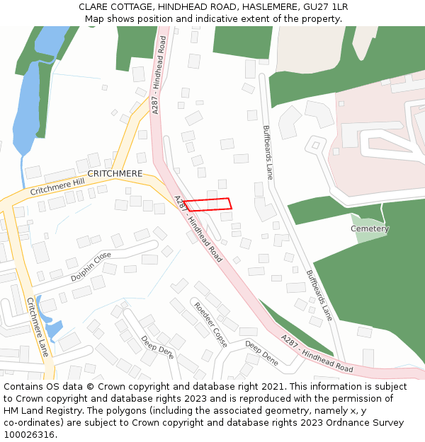 CLARE COTTAGE, HINDHEAD ROAD, HASLEMERE, GU27 1LR: Location map and indicative extent of plot