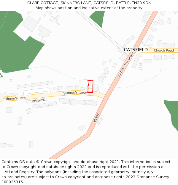 CLARE COTTAGE, SKINNERS LANE, CATSFIELD, BATTLE, TN33 9DN: Location map and indicative extent of plot