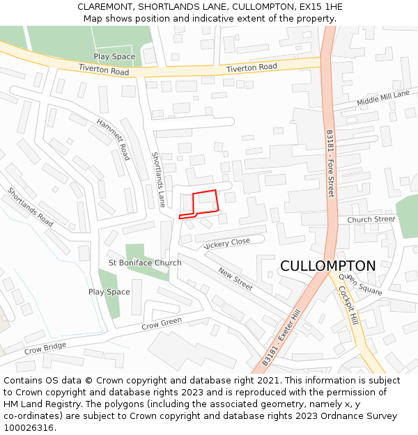 CLAREMONT, SHORTLANDS LANE, CULLOMPTON, EX15 1HE: Location map and indicative extent of plot