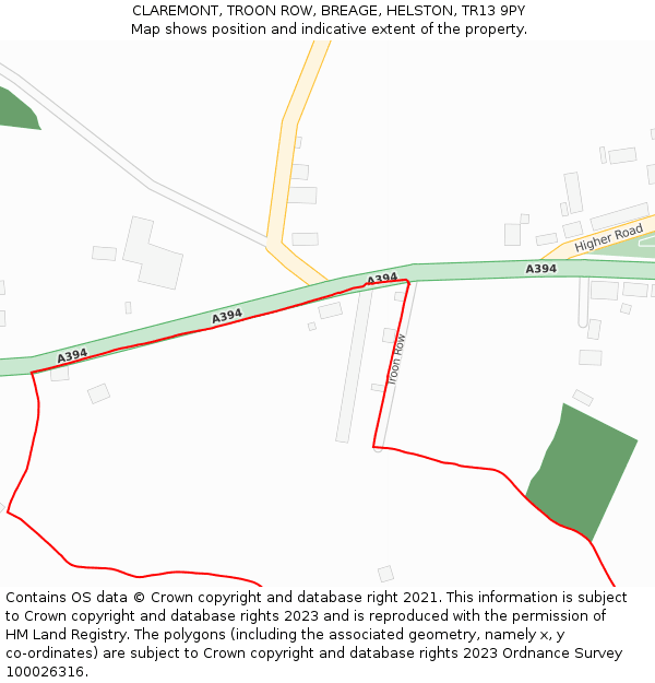 CLAREMONT, TROON ROW, BREAGE, HELSTON, TR13 9PY: Location map and indicative extent of plot