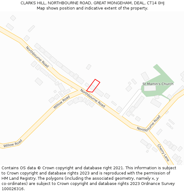 CLARKS HILL, NORTHBOURNE ROAD, GREAT MONGEHAM, DEAL, CT14 0HJ: Location map and indicative extent of plot