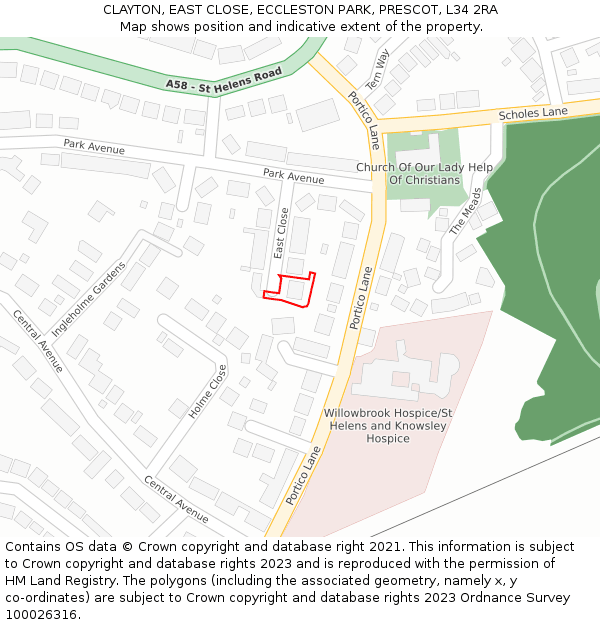 CLAYTON, EAST CLOSE, ECCLESTON PARK, PRESCOT, L34 2RA: Location map and indicative extent of plot