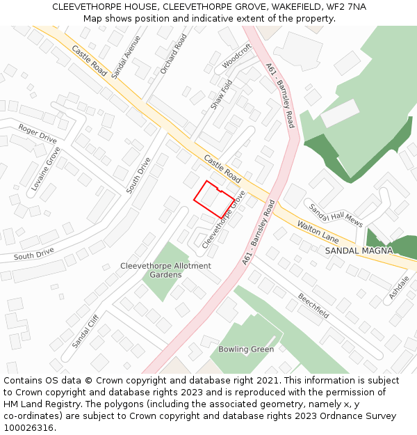 CLEEVETHORPE HOUSE, CLEEVETHORPE GROVE, WAKEFIELD, WF2 7NA: Location map and indicative extent of plot