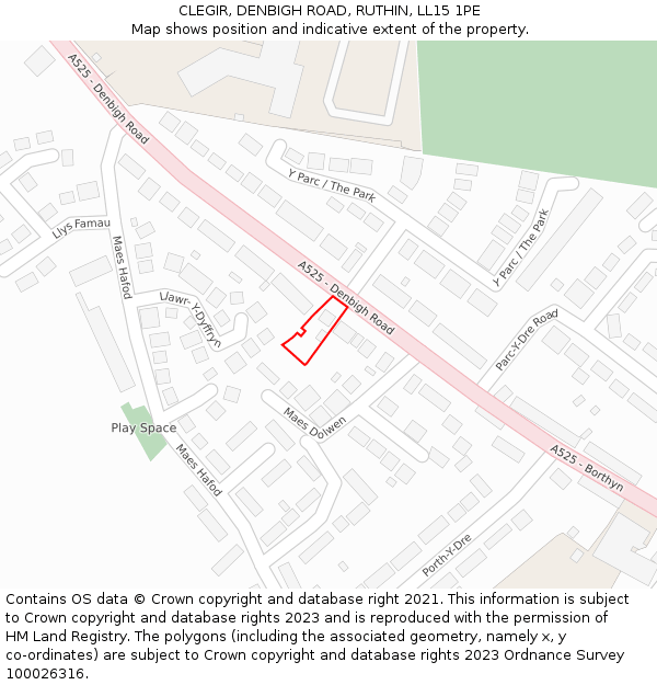 CLEGIR, DENBIGH ROAD, RUTHIN, LL15 1PE: Location map and indicative extent of plot