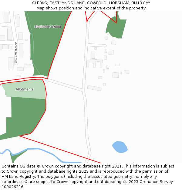 CLERKS, EASTLANDS LANE, COWFOLD, HORSHAM, RH13 8AY: Location map and indicative extent of plot