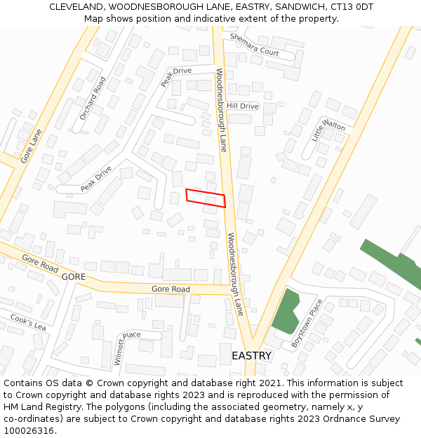 CLEVELAND, WOODNESBOROUGH LANE, EASTRY, SANDWICH, CT13 0DT: Location map and indicative extent of plot