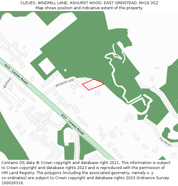 CLEVES, WINDMILL LANE, ASHURST WOOD, EAST GRINSTEAD, RH19 3SZ: Location map and indicative extent of plot