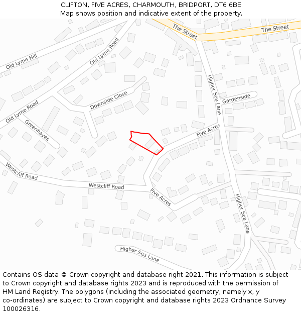 CLIFTON, FIVE ACRES, CHARMOUTH, BRIDPORT, DT6 6BE: Location map and indicative extent of plot