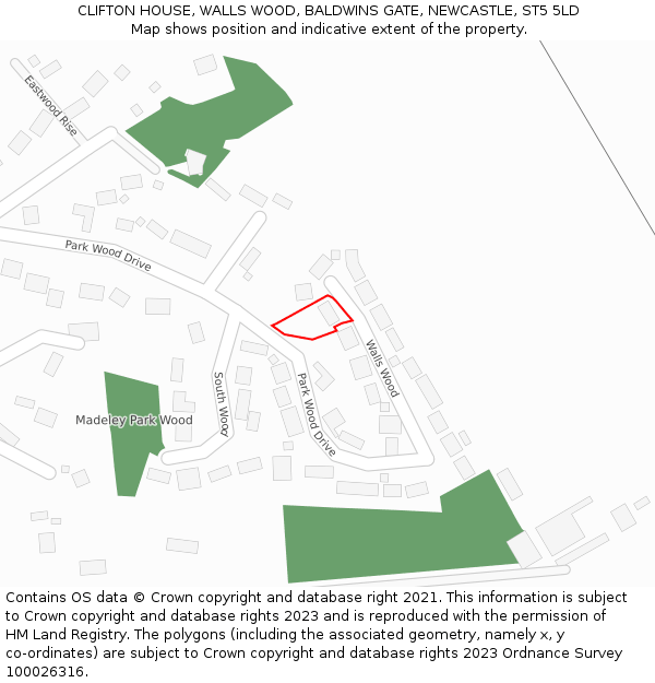 CLIFTON HOUSE, WALLS WOOD, BALDWINS GATE, NEWCASTLE, ST5 5LD: Location map and indicative extent of plot