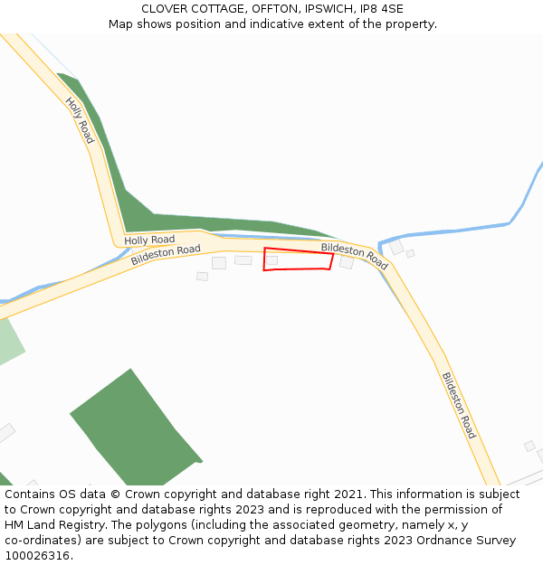 CLOVER COTTAGE, OFFTON, IPSWICH, IP8 4SE: Location map and indicative extent of plot