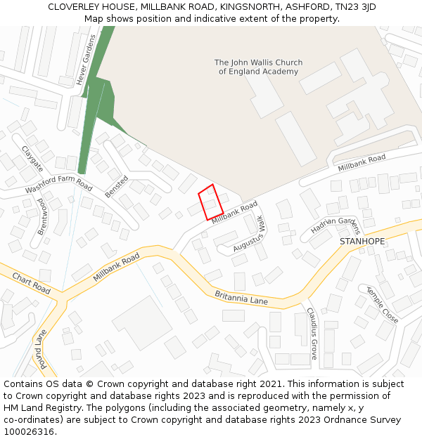 CLOVERLEY HOUSE, MILLBANK ROAD, KINGSNORTH, ASHFORD, TN23 3JD: Location map and indicative extent of plot