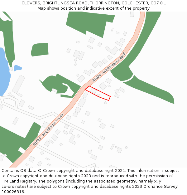 CLOVERS, BRIGHTLINGSEA ROAD, THORRINGTON, COLCHESTER, CO7 8JL: Location map and indicative extent of plot
