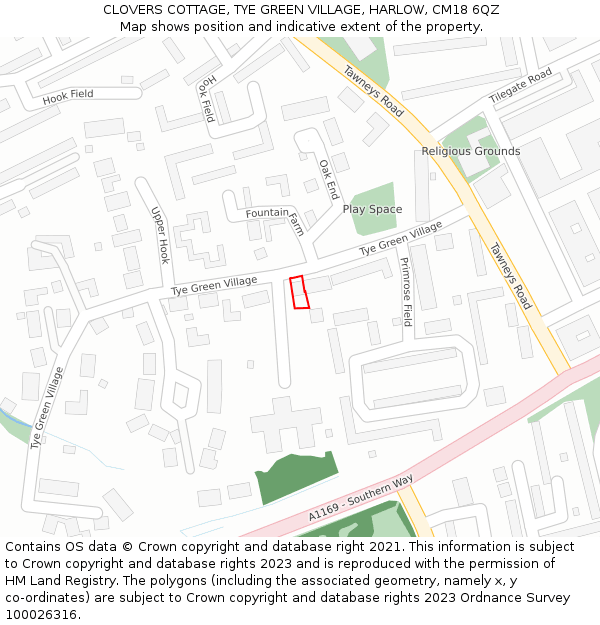 CLOVERS COTTAGE, TYE GREEN VILLAGE, HARLOW, CM18 6QZ: Location map and indicative extent of plot