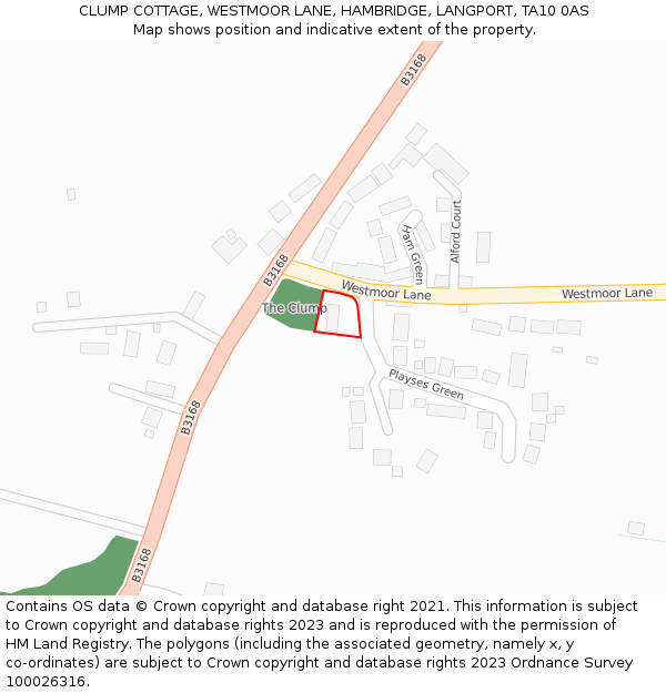 CLUMP COTTAGE, WESTMOOR LANE, HAMBRIDGE, LANGPORT, TA10 0AS: Location map and indicative extent of plot