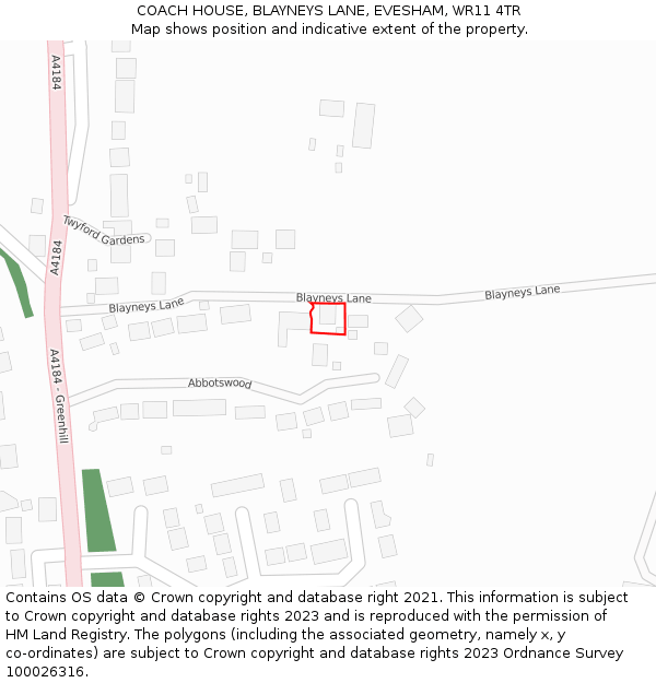 COACH HOUSE, BLAYNEYS LANE, EVESHAM, WR11 4TR: Location map and indicative extent of plot