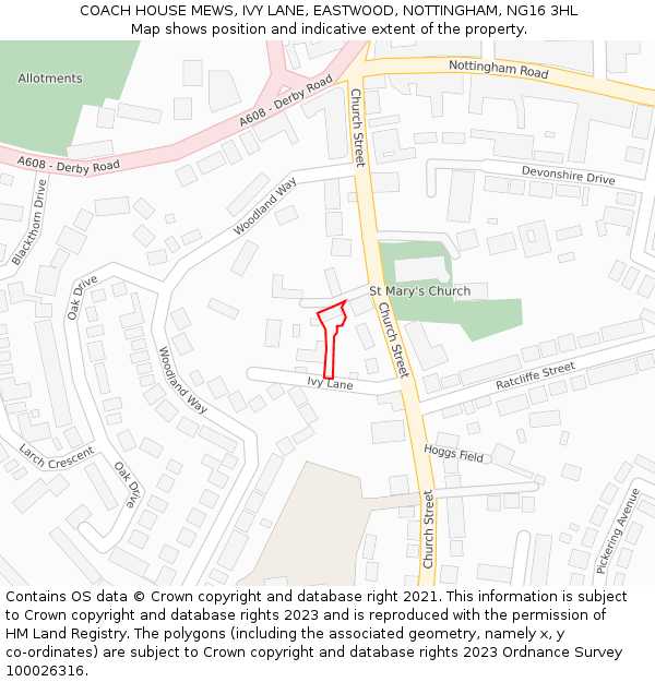 COACH HOUSE MEWS, IVY LANE, EASTWOOD, NOTTINGHAM, NG16 3HL: Location map and indicative extent of plot