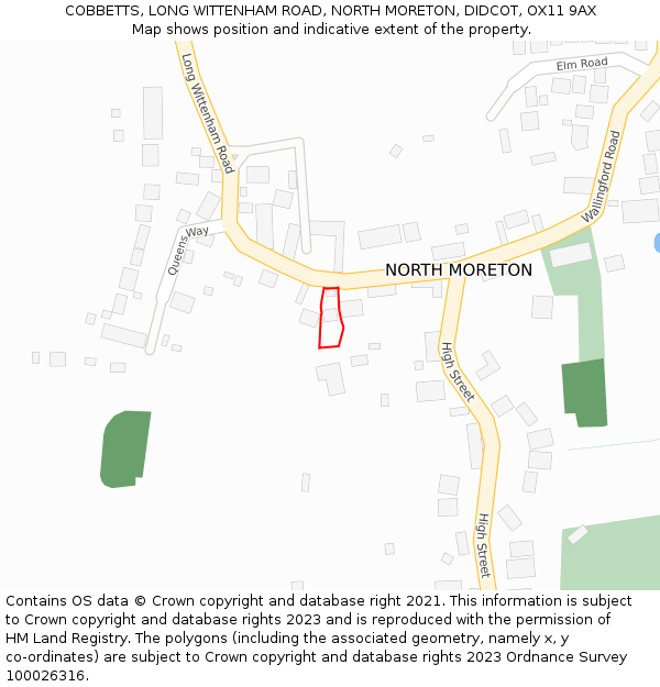 COBBETTS, LONG WITTENHAM ROAD, NORTH MORETON, DIDCOT, OX11 9AX: Location map and indicative extent of plot