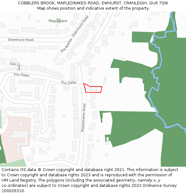 COBBLERS BROOK, MAPLEDRAKES ROAD, EWHURST, CRANLEIGH, GU6 7QW: Location map and indicative extent of plot