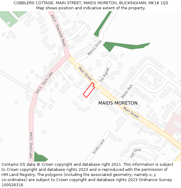 COBBLERS COTTAGE, MAIN STREET, MAIDS MORETON, BUCKINGHAM, MK18 1QS: Location map and indicative extent of plot