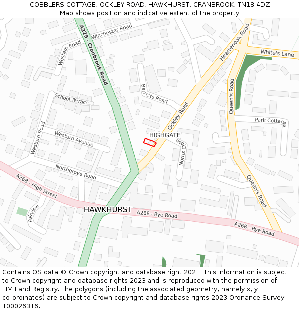 COBBLERS COTTAGE, OCKLEY ROAD, HAWKHURST, CRANBROOK, TN18 4DZ: Location map and indicative extent of plot