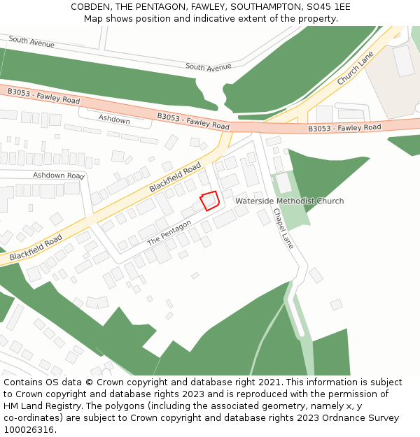 COBDEN, THE PENTAGON, FAWLEY, SOUTHAMPTON, SO45 1EE: Location map and indicative extent of plot