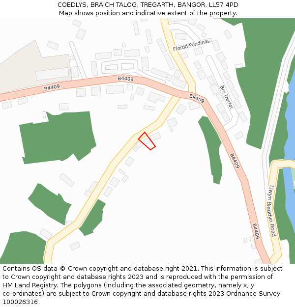 COEDLYS, BRAICH TALOG, TREGARTH, BANGOR, LL57 4PD: Location map and indicative extent of plot