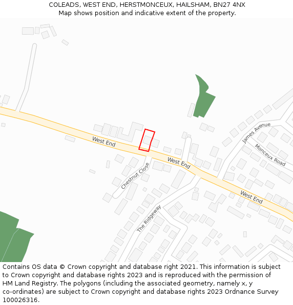 COLEADS, WEST END, HERSTMONCEUX, HAILSHAM, BN27 4NX: Location map and indicative extent of plot