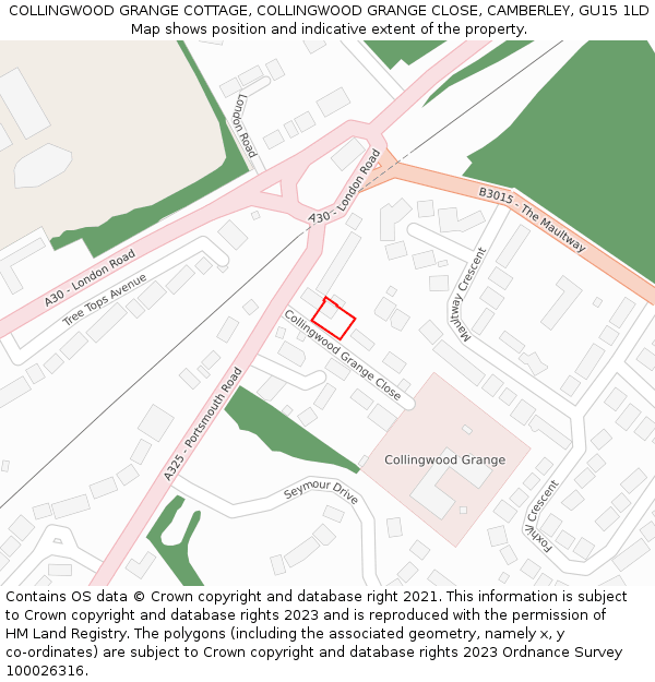 COLLINGWOOD GRANGE COTTAGE, COLLINGWOOD GRANGE CLOSE, CAMBERLEY, GU15 1LD: Location map and indicative extent of plot