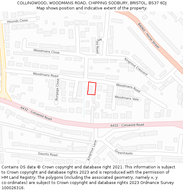 COLLINGWOOD, WOODMANS ROAD, CHIPPING SODBURY, BRISTOL, BS37 6DJ: Location map and indicative extent of plot