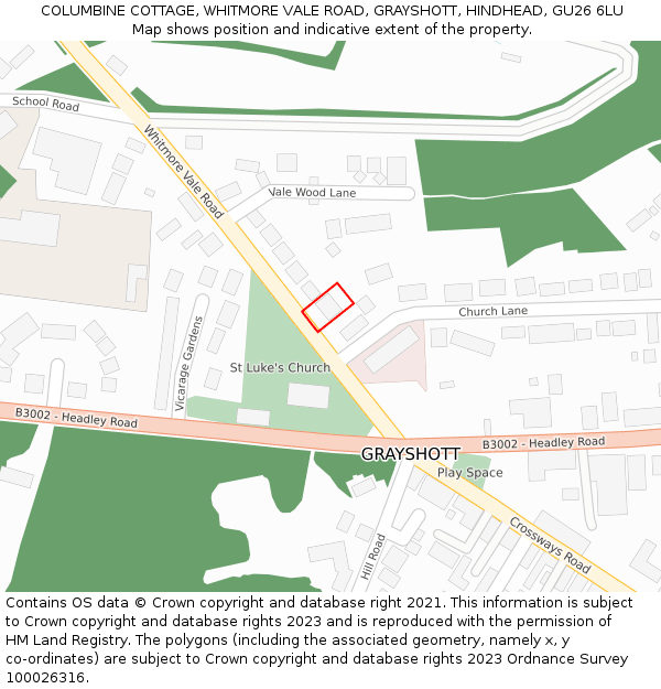 COLUMBINE COTTAGE, WHITMORE VALE ROAD, GRAYSHOTT, HINDHEAD, GU26 6LU: Location map and indicative extent of plot