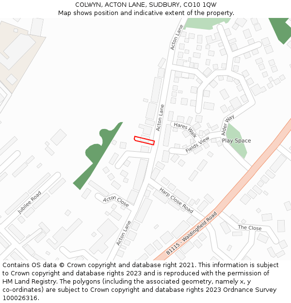 COLWYN, ACTON LANE, SUDBURY, CO10 1QW: Location map and indicative extent of plot