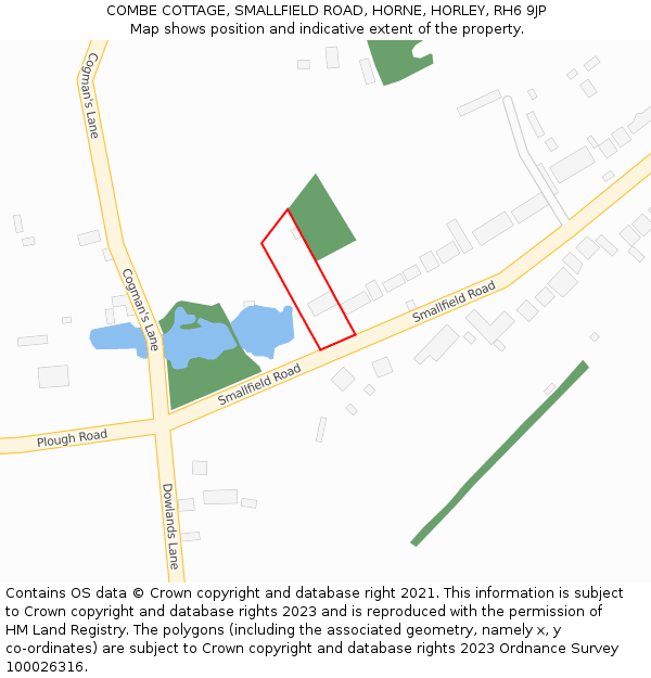 COMBE COTTAGE, SMALLFIELD ROAD, HORNE, HORLEY, RH6 9JP: Location map and indicative extent of plot