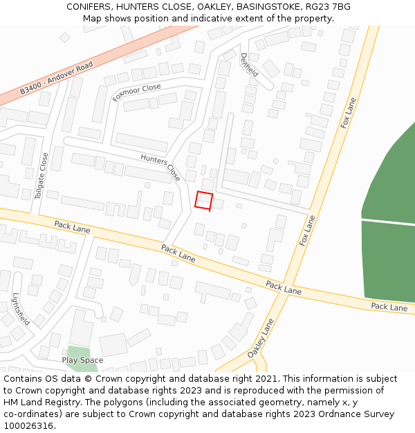 CONIFERS, HUNTERS CLOSE, OAKLEY, BASINGSTOKE, RG23 7BG: Location map and indicative extent of plot