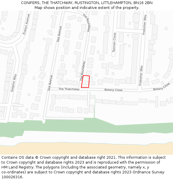 CONIFERS, THE THATCHWAY, RUSTINGTON, LITTLEHAMPTON, BN16 2BN: Location map and indicative extent of plot