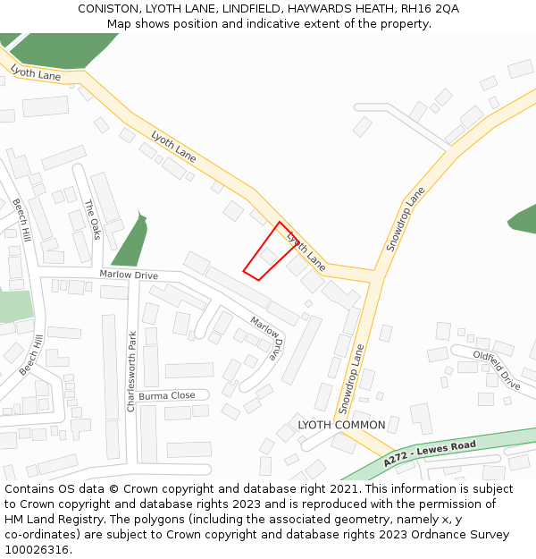 CONISTON, LYOTH LANE, LINDFIELD, HAYWARDS HEATH, RH16 2QA: Location map and indicative extent of plot