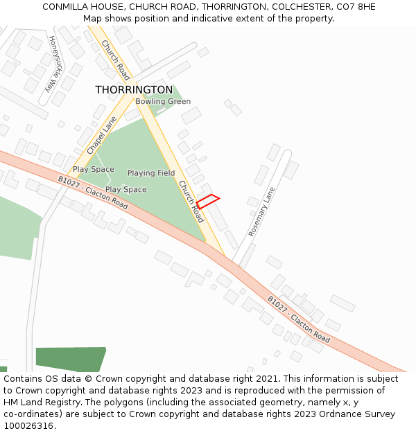 CONMILLA HOUSE, CHURCH ROAD, THORRINGTON, COLCHESTER, CO7 8HE: Location map and indicative extent of plot