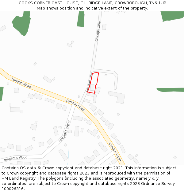 COOKS CORNER OAST HOUSE, GILLRIDGE LANE, CROWBOROUGH, TN6 1UP: Location map and indicative extent of plot