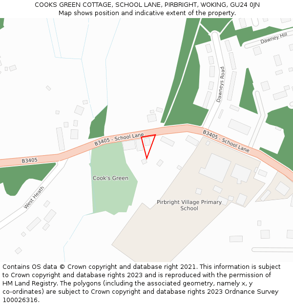 COOKS GREEN COTTAGE, SCHOOL LANE, PIRBRIGHT, WOKING, GU24 0JN: Location map and indicative extent of plot