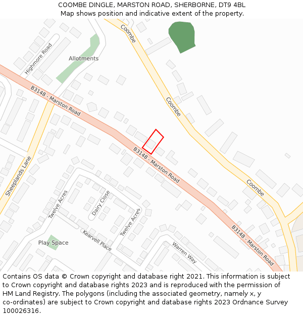 COOMBE DINGLE, MARSTON ROAD, SHERBORNE, DT9 4BL: Location map and indicative extent of plot