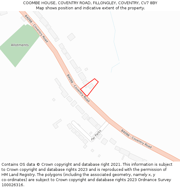 COOMBE HOUSE, COVENTRY ROAD, FILLONGLEY, COVENTRY, CV7 8BY: Location map and indicative extent of plot