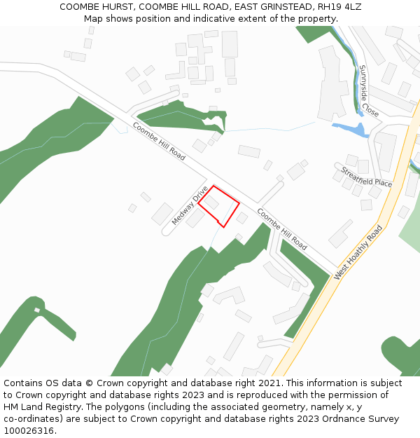 COOMBE HURST, COOMBE HILL ROAD, EAST GRINSTEAD, RH19 4LZ: Location map and indicative extent of plot