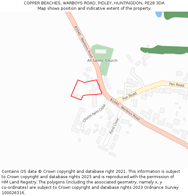 COPPER BEACHES, WARBOYS ROAD, PIDLEY, HUNTINGDON, PE28 3DA: Location map and indicative extent of plot