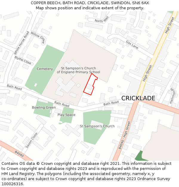 COPPER BEECH, BATH ROAD, CRICKLADE, SWINDON, SN6 6AX: Location map and indicative extent of plot